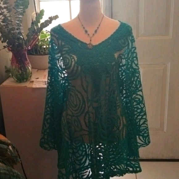 🆕NWT Teal Cover up/Lace Shirt w/undershirt - Picture 2 of 12